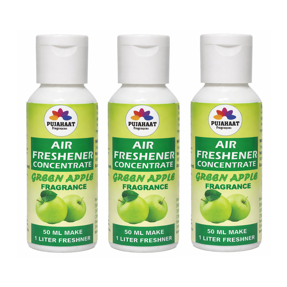 Three bottles of Pujahaat Green Apple Fragrance air freshener concentrate on a white background