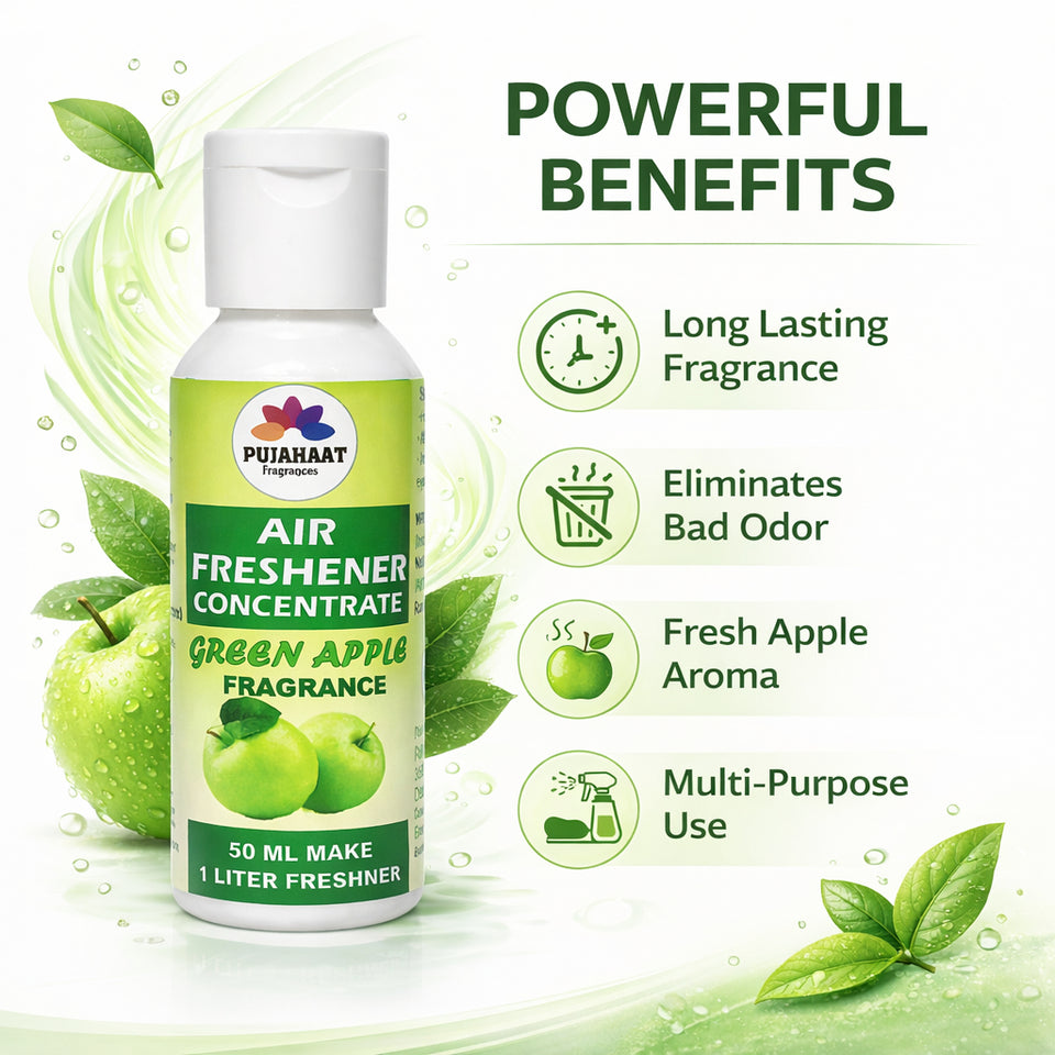 Air freshener concentrate bottle with green apple fragrance, surrounded by green leaves and apples on a white background.