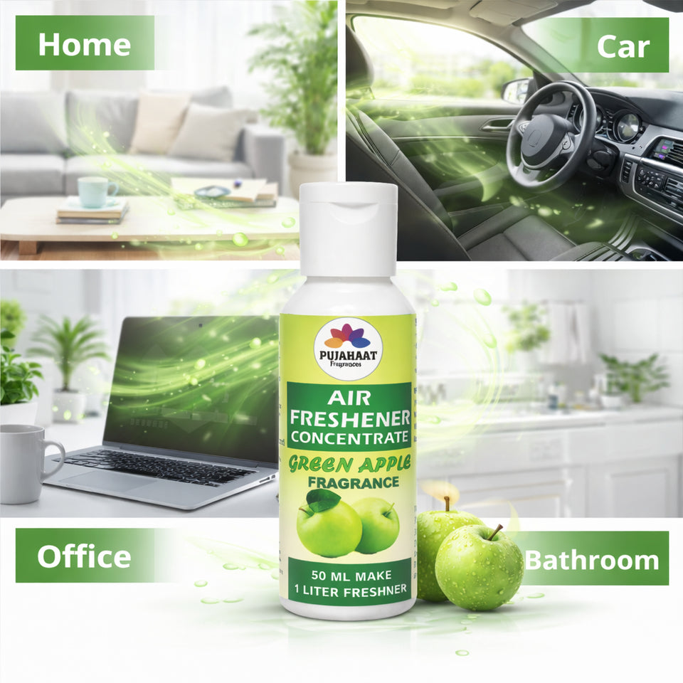 Air freshener bottle with green apple fragrance on a white background, surrounded by lifestyle images of home, car, office, and bathroom.