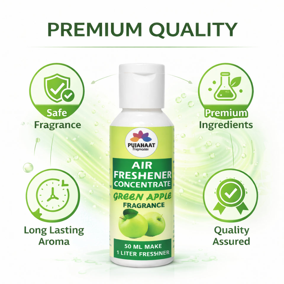Air freshener concentrate bottle with green apple fragrance on a white background