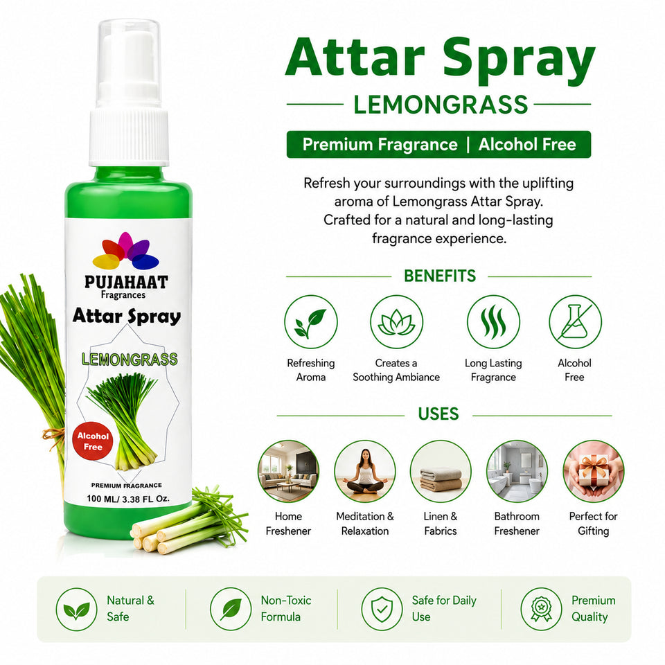 Lemongrass Attar Spray by Pujahaat | 100ml Non Alcoholic Spray | Religious Mist | Air Freshener, Room Mist, Fabric & Linen Spray | Perfect for Prayers Rooms, Living Room, sofas, curtains, car