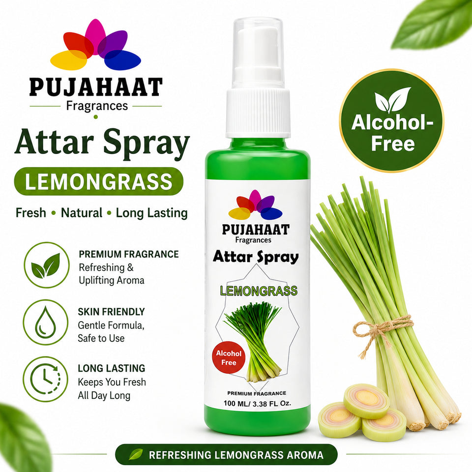 Lemongrass Attar Spray by Pujahaat | 100ml Non Alcoholic Spray | Religious Mist | Air Freshener, Room Mist, Fabric & Linen Spray | Perfect for Prayers Rooms, Living Room, sofas, curtains, car