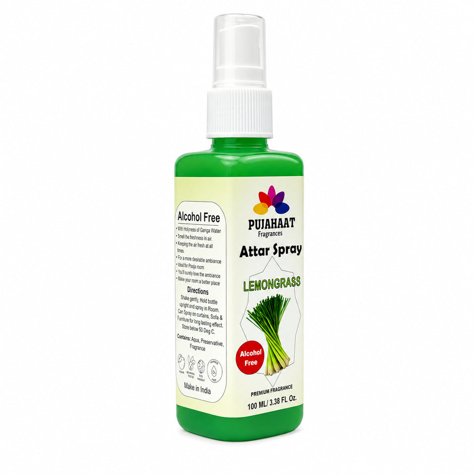 Lemongrass Attar Spray by Pujahaat | 100ml Non Alcoholic Spray | Religious Mist | Air Freshener, Room Mist, Fabric & Linen Spray | Perfect for Prayers Rooms, Living Room, sofas, curtains, car