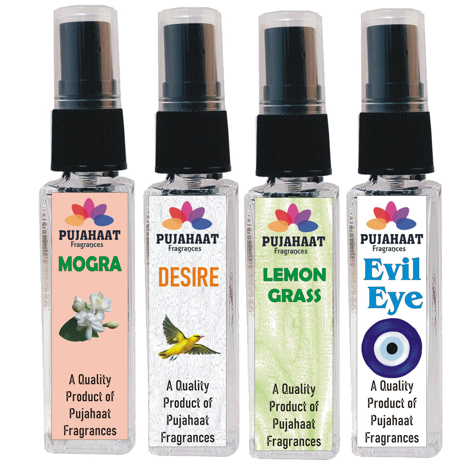 Pujahaat Mogra, Desire, Lemongrass, Evil Eye Set of 4 Perfume Attar Spray 8ml | itra/ittar Perfume | For Pooja/Personal Use