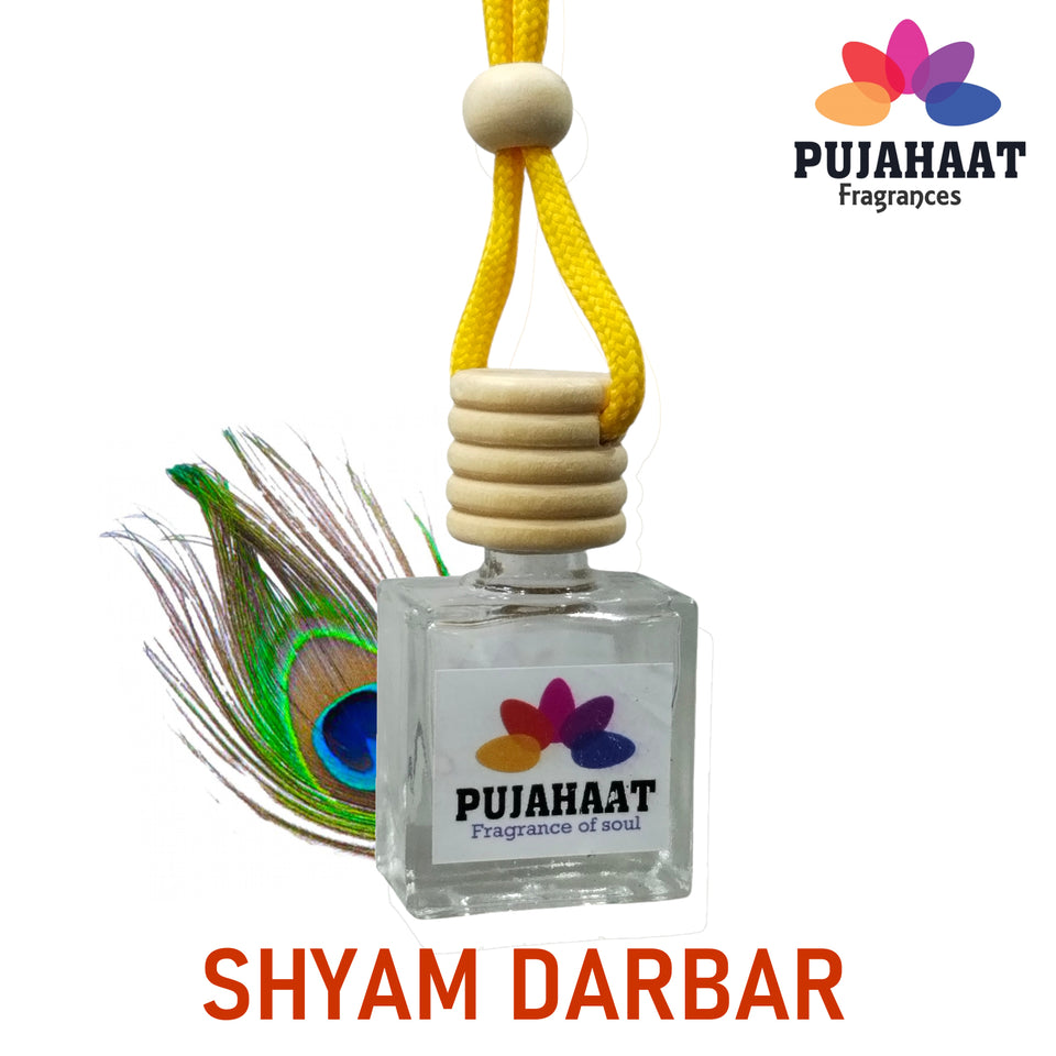 Car Perfume Hanging Pod 10ml Shyam Darbar Premium Fragrance by Pujahaat | High Diffusion with Premium Fragrance Oils in Glass Bottle with Wooden Diffuser Lid | Long Lasting | Lasts Up to 45 Days - Shyam Darbar