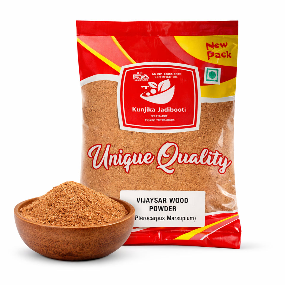 Kunjika Jadibooti Vijaysar Lakdi Powder - Vijaysaar Wood - Bijasal - Indian Kino - Pterocarpus Marsupium Powder - 100 gm