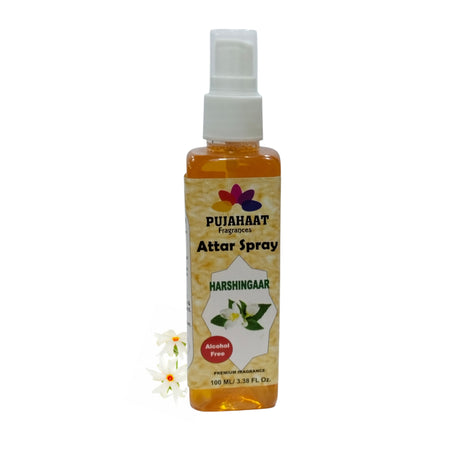 Harshingaar Phool Attar Spray by Pujahaat | 100ml Non Alcoholic Spray | Religious Mist | Air Freshener, Room Mist, Fabric & Linen Spray | Perfect for Prayers Rooms, Living Room, sofas, curtains, car