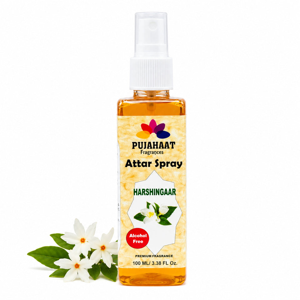 Harshingaar Phool Attar Spray by Pujahaat | 100ml Non Alcoholic Spray | Religious Mist | Air Freshener, Room Mist, Fabric & Linen Spray | Perfect for Prayers Rooms, Living Room, sofas, curtains, car