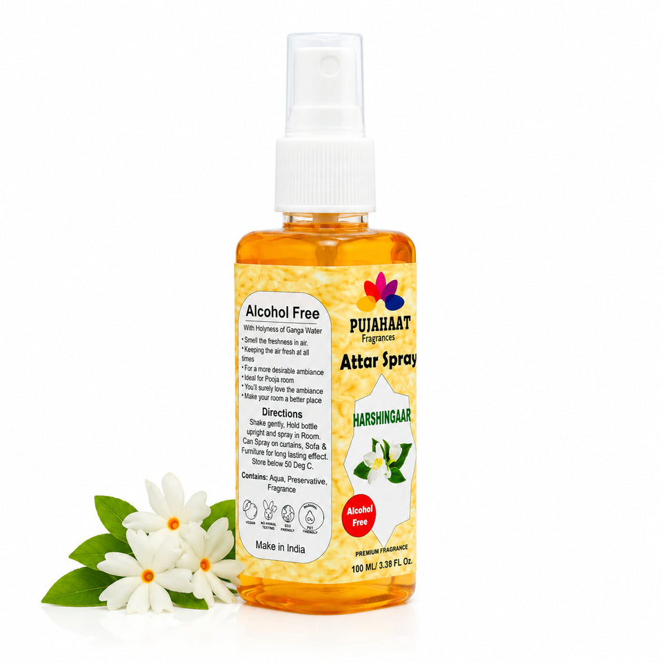 Harshingaar Phool Attar Spray by Pujahaat | 100ml Non Alcoholic Spray | Religious Mist | Air Freshener, Room Mist, Fabric & Linen Spray | Perfect for Prayers Rooms, Living Room, sofas, curtains, car