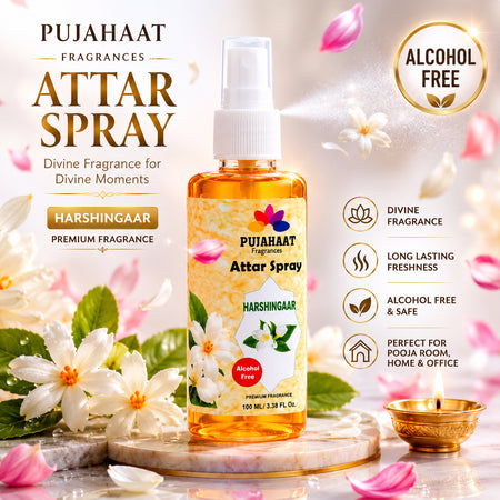 Harshingaar Phool Attar Spray by Pujahaat | 100ml Non Alcoholic Spray | Religious Mist | Air Freshener, Room Mist, Fabric & Linen Spray | Perfect for Prayers Rooms, Living Room, sofas, curtains, car