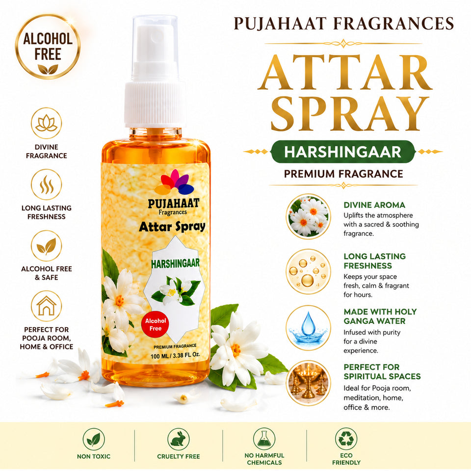 Harshingaar Phool Attar Spray by Pujahaat | 100ml Non Alcoholic Spray | Religious Mist | Air Freshener, Room Mist, Fabric & Linen Spray | Perfect for Prayers Rooms, Living Room, sofas, curtains, car