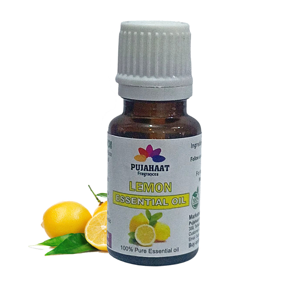 Pujahaat Lemon Essential Oil (Citrus limonum) Pure | Non-Sticky | Non-greasy | Lightweight | Men & Women | All Skin Types - Vegan & Cruelty free - 15 ml