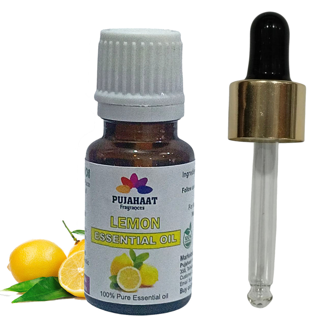 Pujahaat Lemon Essential Oil (Citrus limonum) Pure | Non-Sticky | Non-greasy | Lightweight | Men & Women | All Skin Types - Vegan & Cruelty free - 15 ml