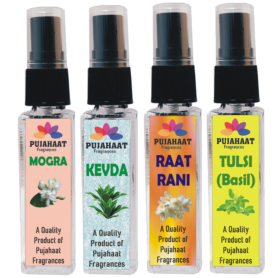 Pujahaat Mogra, Kevda, Raatrani, Tulsi Set of 4 Perfume Attar Spray 8ml | itra/ittar Perfume | For Pooja/Personal Use