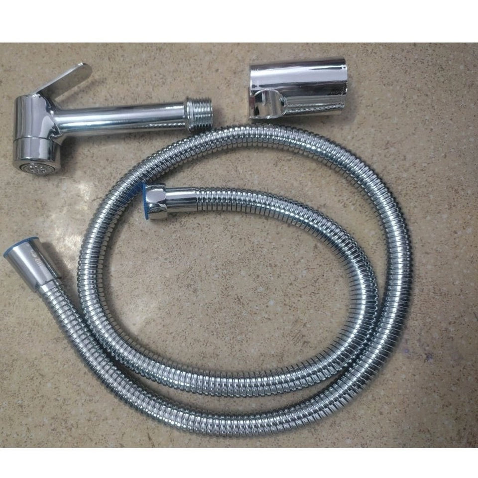 Stainless Steel Health Faucet/Shower with SS-304 Grade 1.25 Meter Flexible Hose Pipe and Wall Hook, Chrome Finish