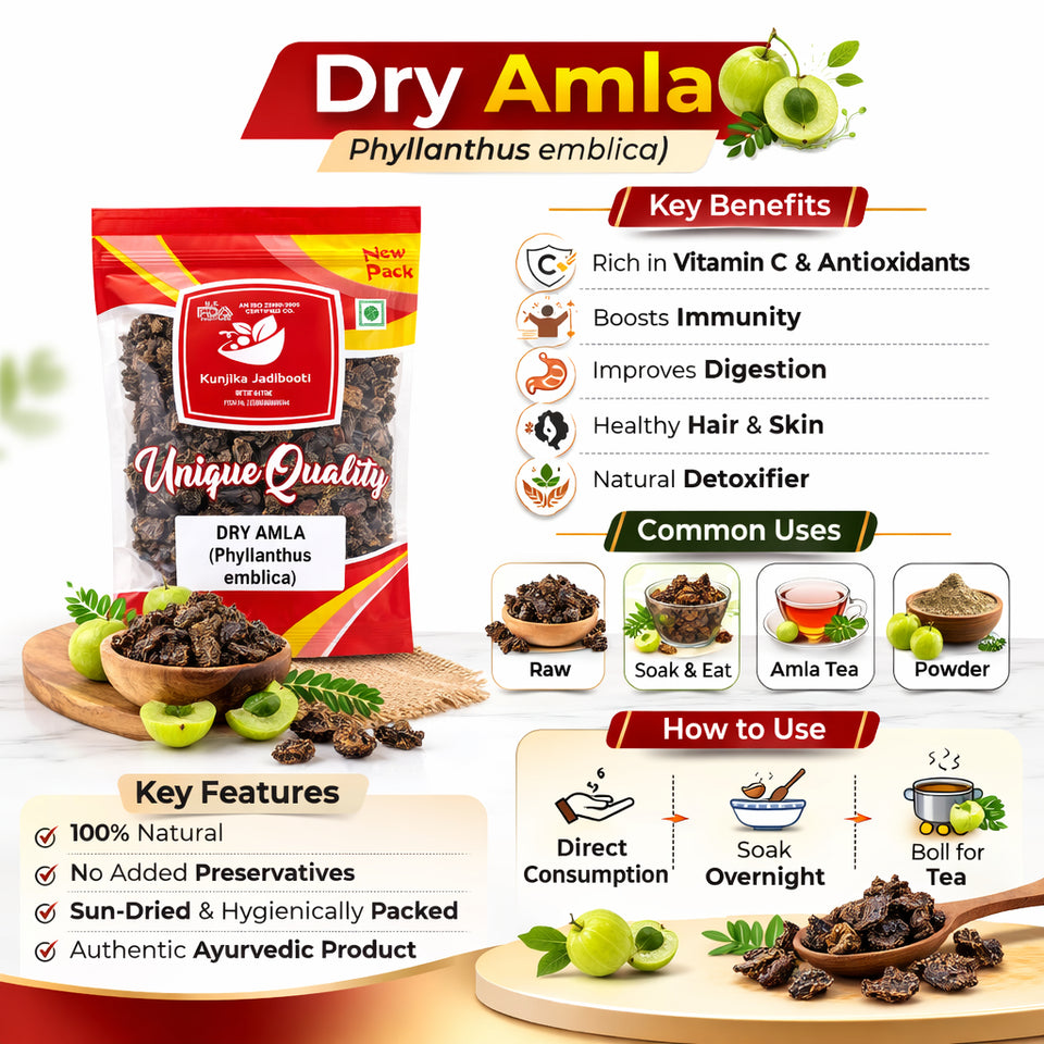 Kunjika Jadibooti Raw Dry Amla Pieces Saboot No salt Fruit, Sukha Awla, Aavla Sabut, Dry Gooseberry, Usirikaya dried - Hair growth, Eating - 100 gm