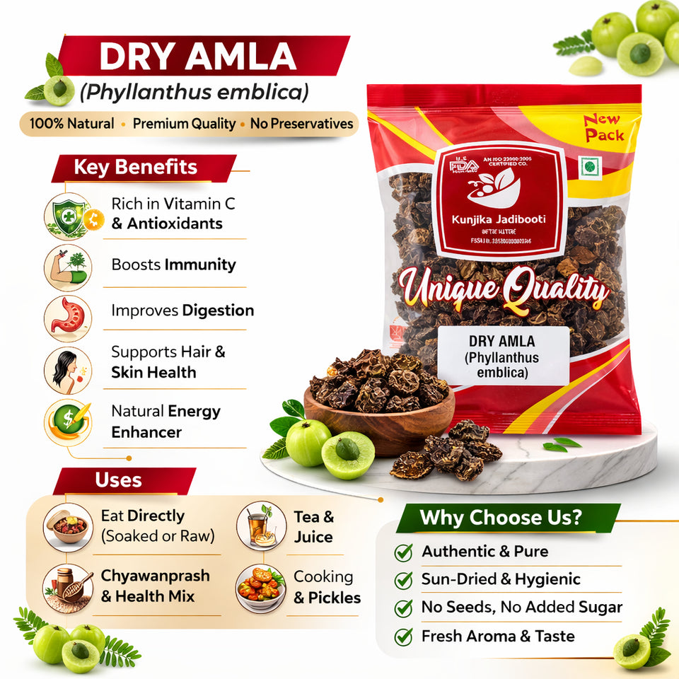 Kunjika Jadibooti Raw Dry Amla Pieces Saboot No salt Fruit, Sukha Awla, Aavla Sabut, Dry Gooseberry, Usirikaya dried - Hair growth, Eating - 100 gm