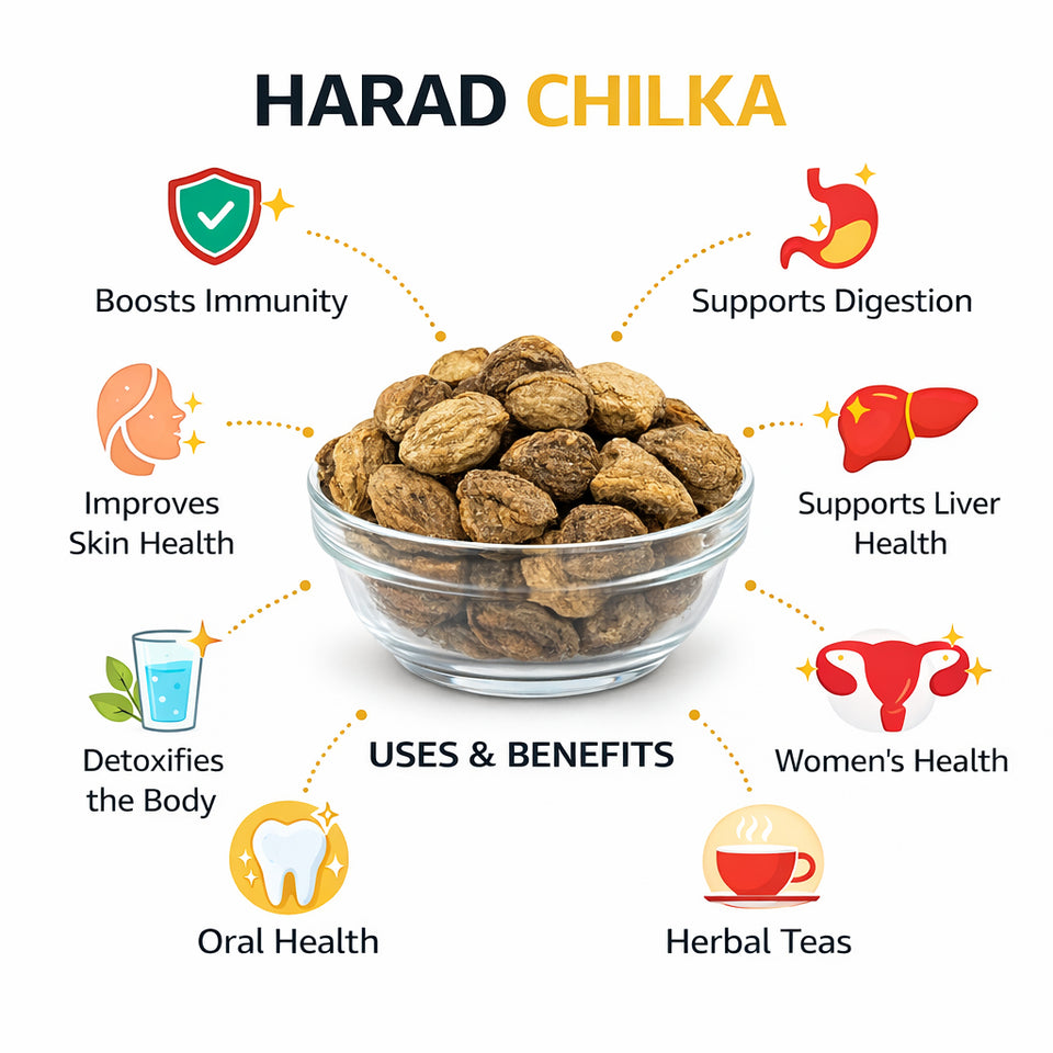 Kunjika Jadibooti Harad Chilka - Badi Harad Chilka - Harad Pili Chilka - Haritaki - Harad Badi Chilka - Yellow Chebulic Myrobalan Shell Without Seeds - Terminalia Chebula - 100 gm