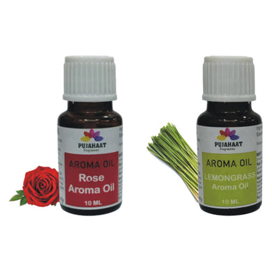 Pujahaat Rose and Lemongrass Aroma Oil for Aromatherapy oils, Oil for diffusers, Humidifier oils, Oil Burners, Spa and Air Purifier 10ml Each - Set of 2 (2 x 10 ml)
