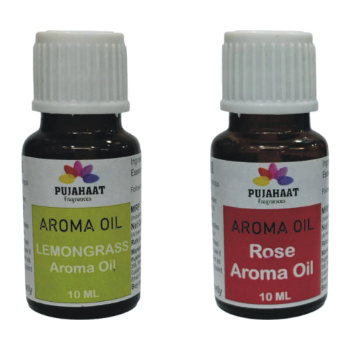 Pujahaat Rose and Lemongrass Aroma Oil for Aromatherapy oils, Oil for diffusers, Humidifier oils, Oil Burners, Spa and Air Purifier 10ml Each - Set of 2 (2 x 10 ml)