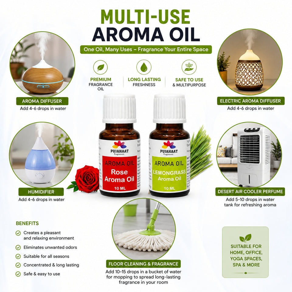 Pujahaat Rose and Lemongrass Aroma Oil for Aromatherapy oils, Oil for diffusers, Humidifier oils, Oil Burners, Spa and Air Purifier 10ml Each - Set of 2 (2 x 10 ml)