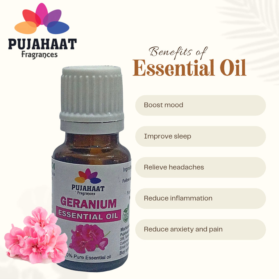 Pujahaat Geranium Essential Oil for Hair Growth, Long & Healthy Hair, Minimize fine line & Wrinkles, Smooth Skin, Healthy Scalp for Men & Women | 100% Pure, Natural, Organic, 15ml - Vegan & Cruelty free - 15 ml