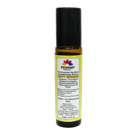 Pujahaat Happy Morning Aromatherapy Roll-on | Blend of pure & natural Essential Oils | For Help Waking Up & Alertness | Soothing Formula to uplift mood and reduce dullness. | Crafted by Certified Aromatherapists 10ml/0.33 fl oz - Happy Morning Roll-on