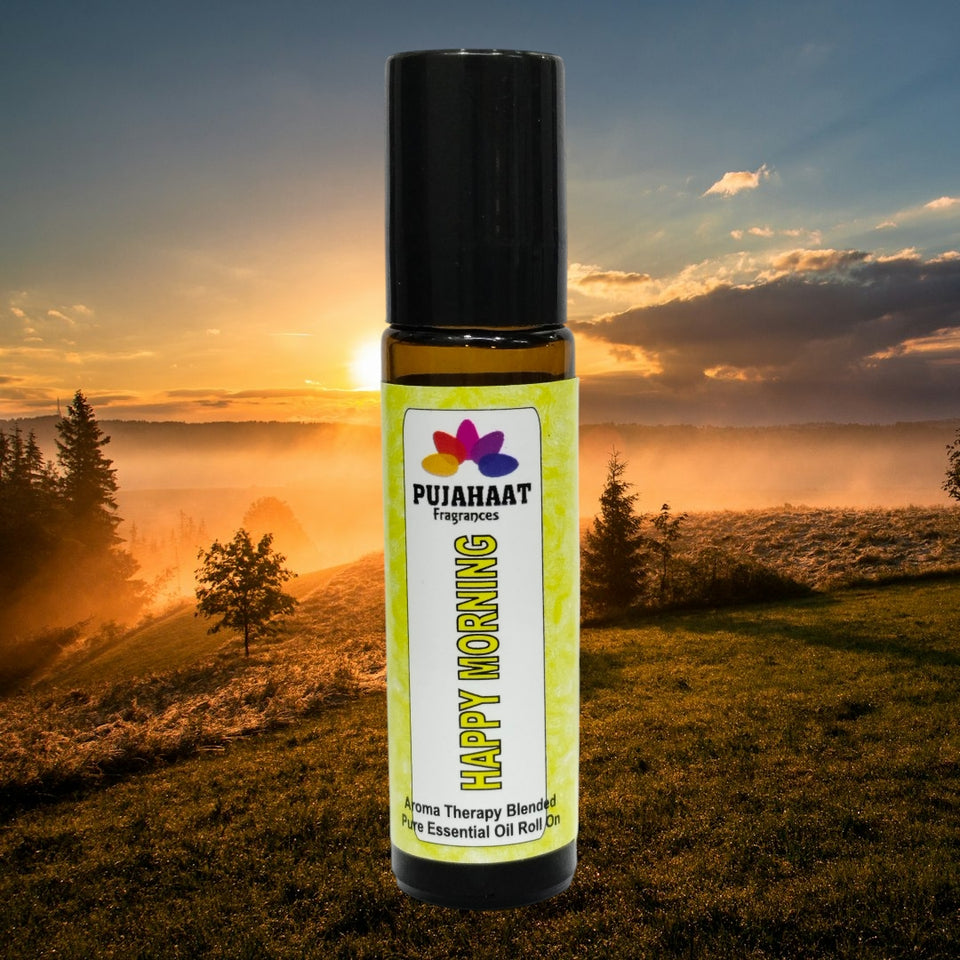 Pujahaat Happy Morning Aromatherapy Roll-on | Blend of pure & natural Essential Oils | For Help Waking Up & Alertness | Soothing Formula to uplift mood and reduce dullness. | Crafted by Certified Aromatherapists 10ml/0.33 fl oz - Happy Morning Roll-on