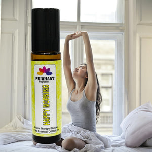 Pujahaat Happy Morning Aromatherapy Roll-on | Blend of pure & natural Essential Oils | For Help Waking Up & Alertness | Soothing Formula to uplift mood and reduce dullness. | Crafted by Certified Aromatherapists 10ml/0.33 fl oz - Happy Morning Roll-on