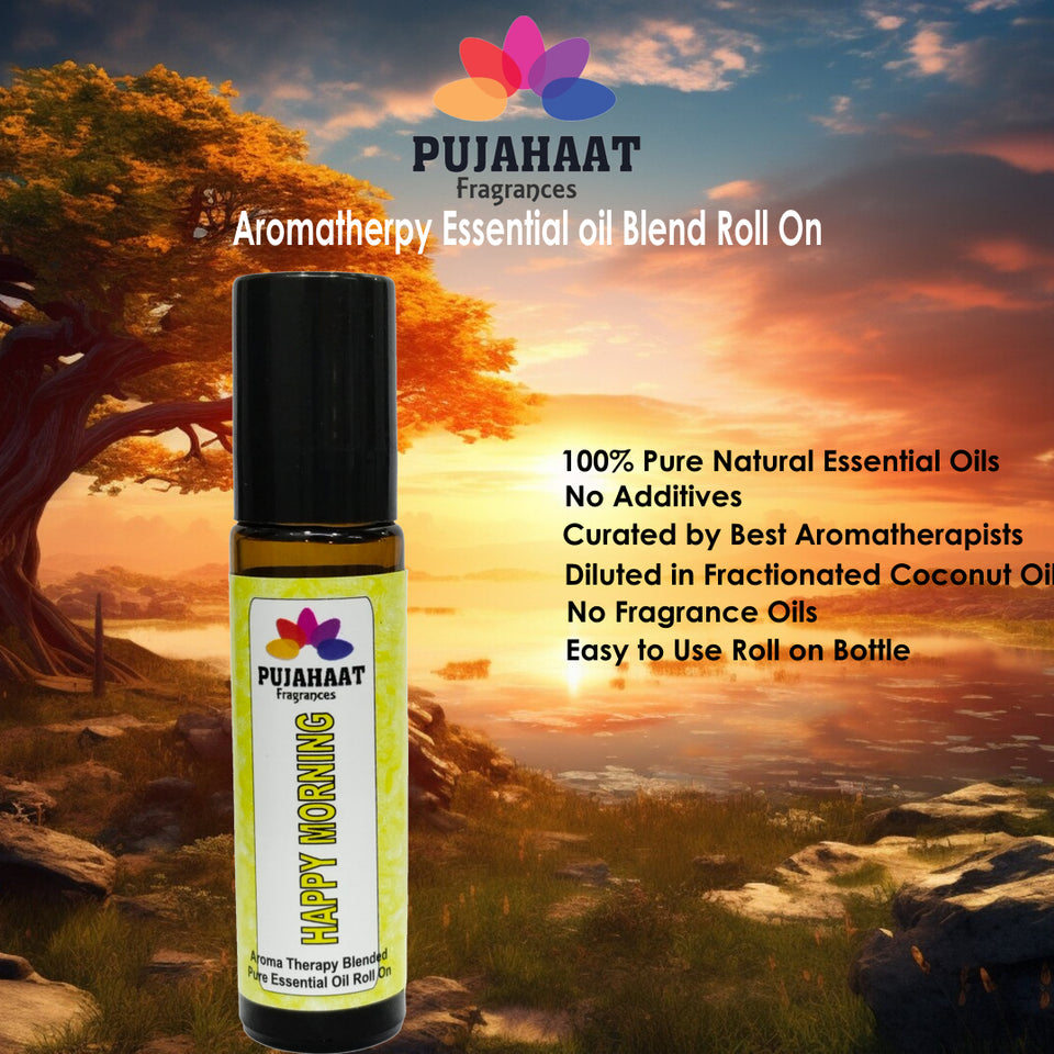 Pujahaat Happy Morning Aromatherapy Roll-on | Blend of pure & natural Essential Oils | For Help Waking Up & Alertness | Soothing Formula to uplift mood and reduce dullness. | Crafted by Certified Aromatherapists 10ml/0.33 fl oz - Happy Morning Roll-on