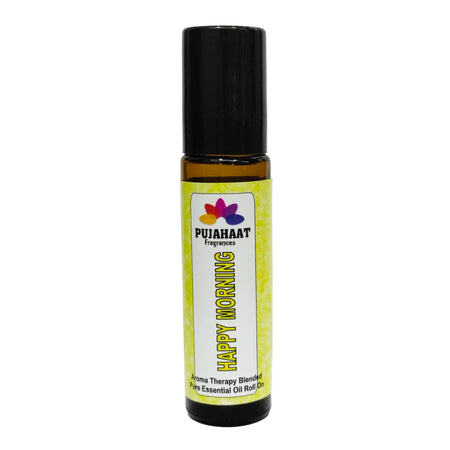 Pujahaat Happy Morning Aromatherapy Roll-on | Blend of pure & natural Essential Oils | For Help Waking Up & Alertness | Soothing Formula to uplift mood and reduce dullness. | Crafted by Certified Aromatherapists 10ml/0.33 fl oz - Happy Morning Roll-on