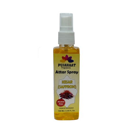 Kesar | Saffron Attar Spray by Pujahaat | 100ml Non Alcoholic Spray | Religious Mist | Air Freshener, Room Mist, Fabric & Linen Spray | Perfect for Prayers Rooms, Living Room, sofas, curtains, car