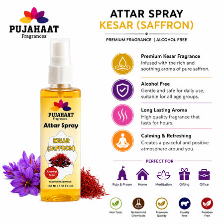 Kesar | Saffron Attar Spray by Pujahaat | 100ml Non Alcoholic Spray | Religious Mist | Air Freshener, Room Mist, Fabric & Linen Spray | Perfect for Prayers Rooms, Living Room, sofas, curtains, car