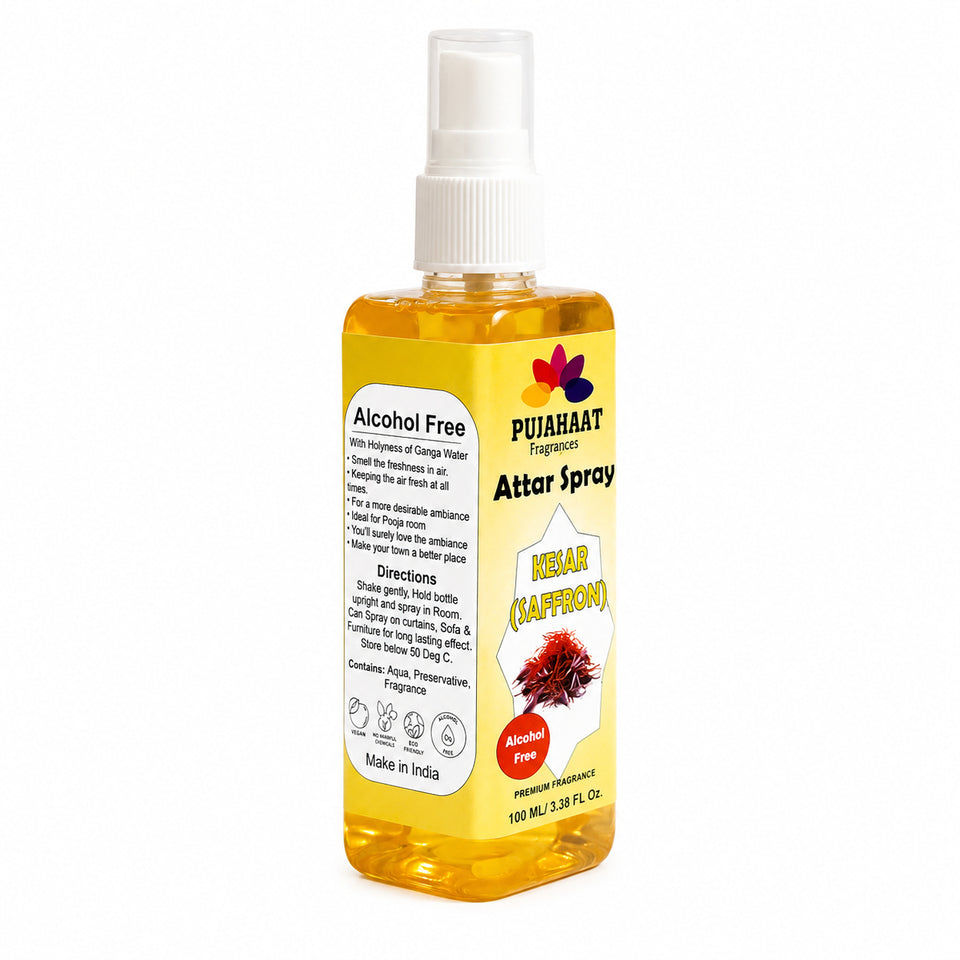 Kesar | Saffron Attar Spray by Pujahaat | 100ml Non Alcoholic Spray | Religious Mist | Air Freshener, Room Mist, Fabric & Linen Spray | Perfect for Prayers Rooms, Living Room, sofas, curtains, car