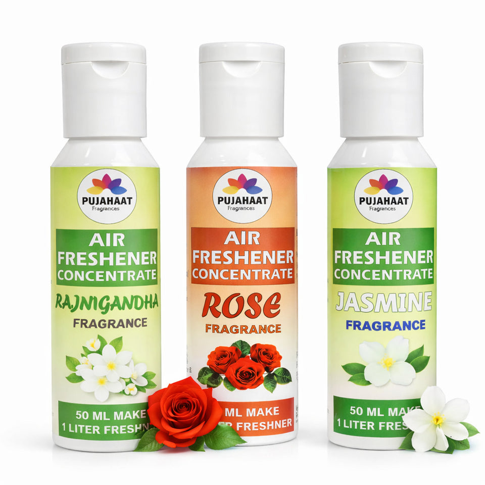 Rose, Rajnigandha, Jasmine Air Freshener Concentrate Set of 3 (50ml Each) Makes 1 Liter Each | Long Lasting Room Freshener Liquid | Fragrance Combo for Home, Office, Car | Alcohol-Free Premium Fragrance by Pujahaat