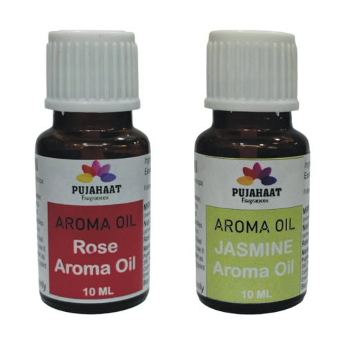 Pujahaat Rose and Jasmine Aroma Oil for Aromatherapy oils, Oil for diffusers, Humidifier oils, Oil Burners, Spa and Air Purifier 10ml Each - Set of 2 (2 x 10 ml)
