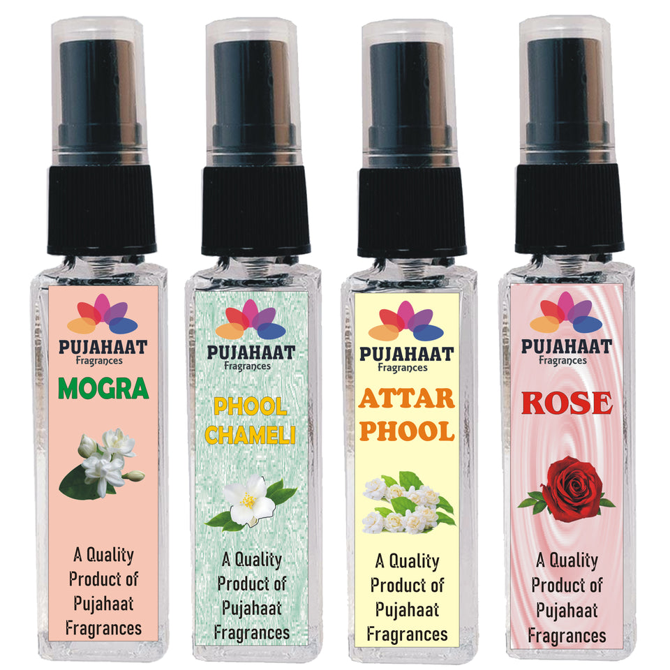 Pujahaat Mogra, Chameli, Attar Phool, Rose Set of 4 Perfume Attar Spray 8ml | itra/ittar Perfume | For Pooja/Personal Use