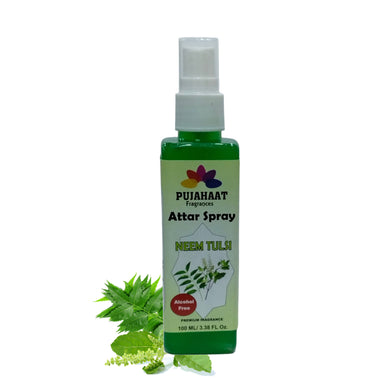 Neem Tulsi Attar Spray by Pujahaat | 100ml Non Alcoholic Spray | Religious Mist | Air Freshener, Room Mist, Fabric & Linen Spray | Perfect for Prayers Rooms, Living Room, sofas, curtains, car