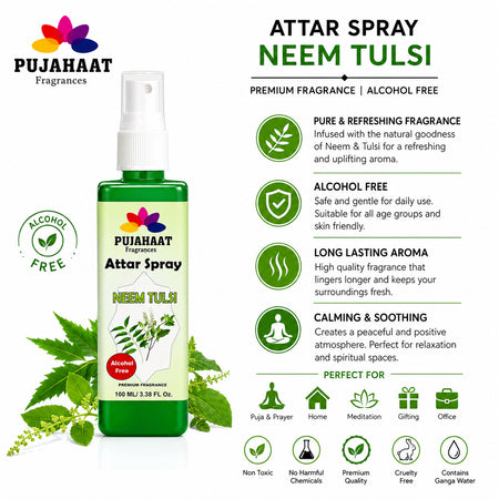 Neem Tulsi Attar Spray by Pujahaat | 100ml Non Alcoholic Spray | Religious Mist | Air Freshener, Room Mist, Fabric & Linen Spray | Perfect for Prayers Rooms, Living Room, sofas, curtains, car