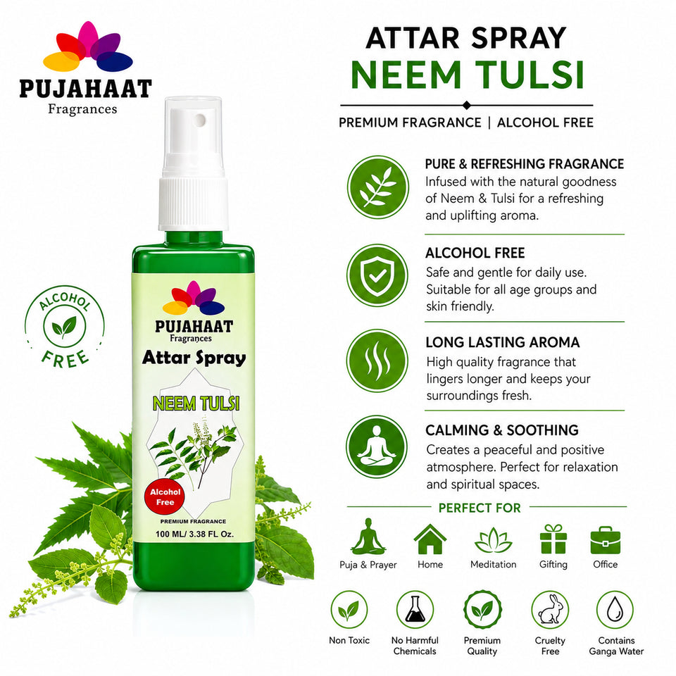 Neem Tulsi Attar Spray by Pujahaat | 100ml Non Alcoholic Spray | Religious Mist | Air Freshener, Room Mist, Fabric & Linen Spray | Perfect for Prayers Rooms, Living Room, sofas, curtains, car