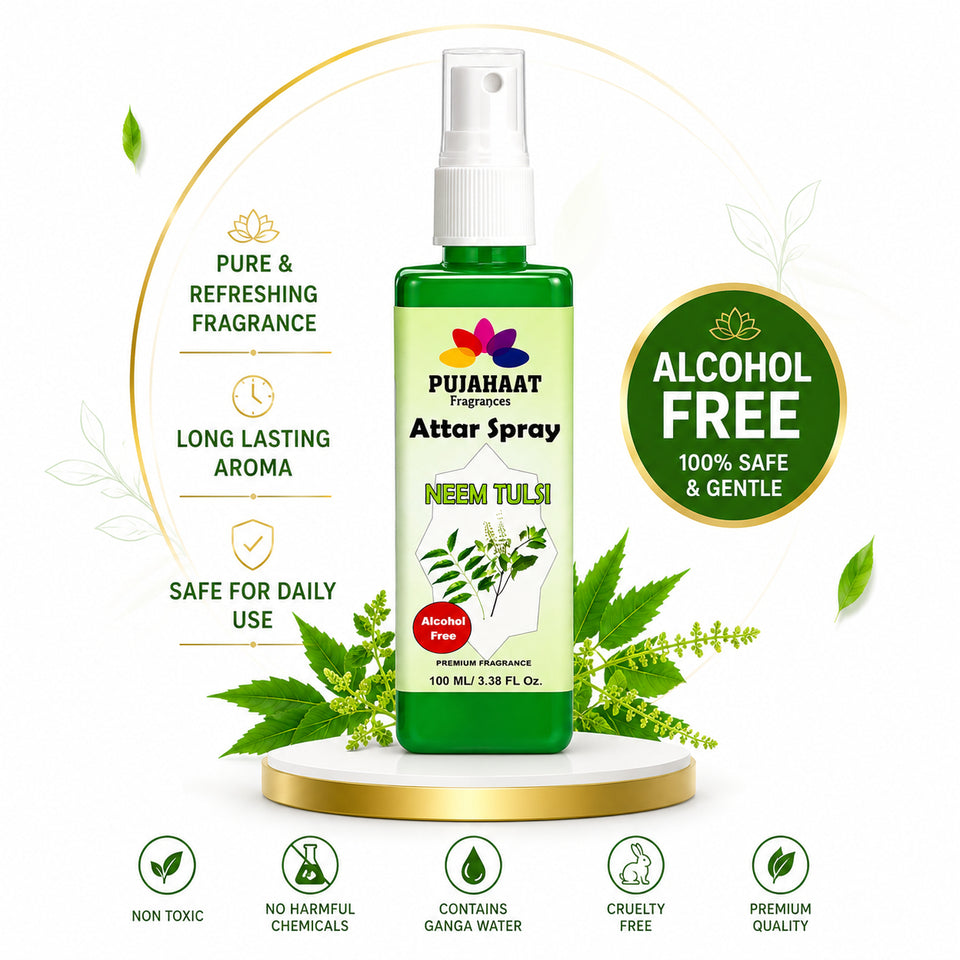 Neem Tulsi Attar Spray by Pujahaat | 100ml Non Alcoholic Spray | Religious Mist | Air Freshener, Room Mist, Fabric & Linen Spray | Perfect for Prayers Rooms, Living Room, sofas, curtains, car