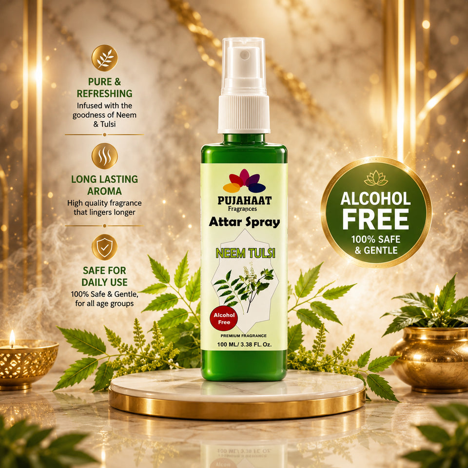 Neem Tulsi Attar Spray by Pujahaat | 100ml Non Alcoholic Spray | Religious Mist | Air Freshener, Room Mist, Fabric & Linen Spray | Perfect for Prayers Rooms, Living Room, sofas, curtains, car
