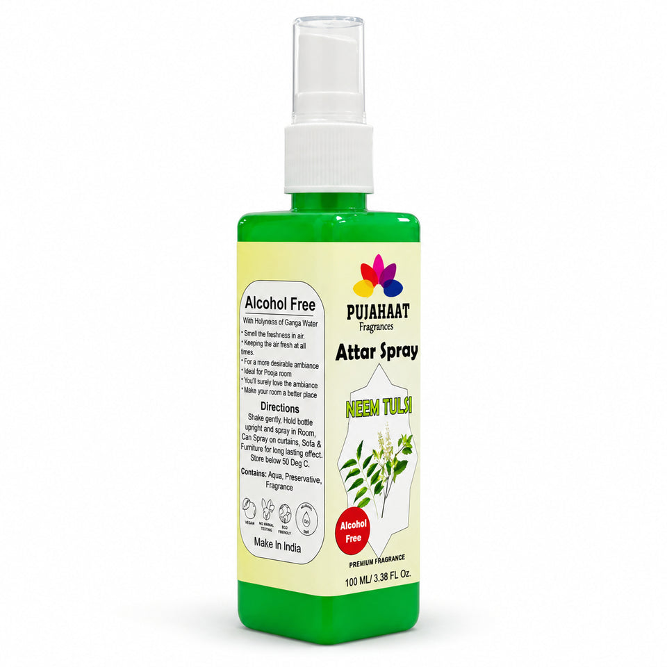Neem Tulsi Attar Spray by Pujahaat | 100ml Non Alcoholic Spray | Religious Mist | Air Freshener, Room Mist, Fabric & Linen Spray | Perfect for Prayers Rooms, Living Room, sofas, curtains, car