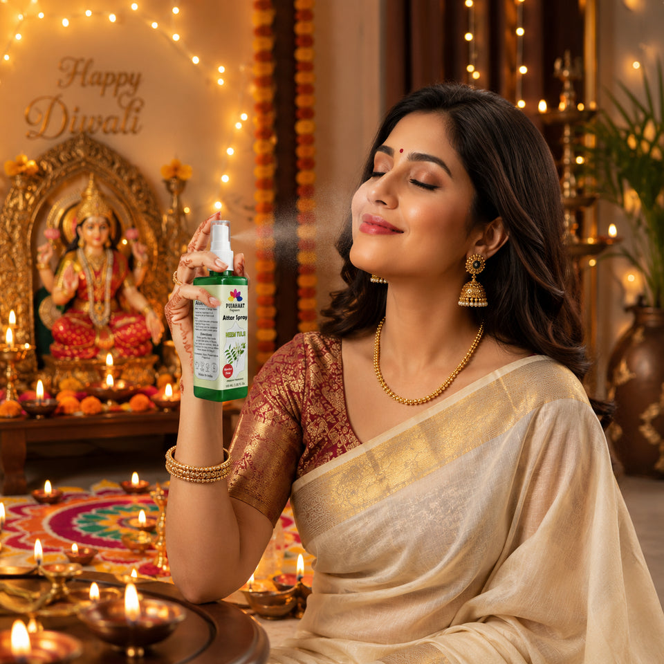 Neem Tulsi Attar Spray by Pujahaat | 100ml Non Alcoholic Spray | Religious Mist | Air Freshener, Room Mist, Fabric & Linen Spray | Perfect for Prayers Rooms, Living Room, sofas, curtains, car