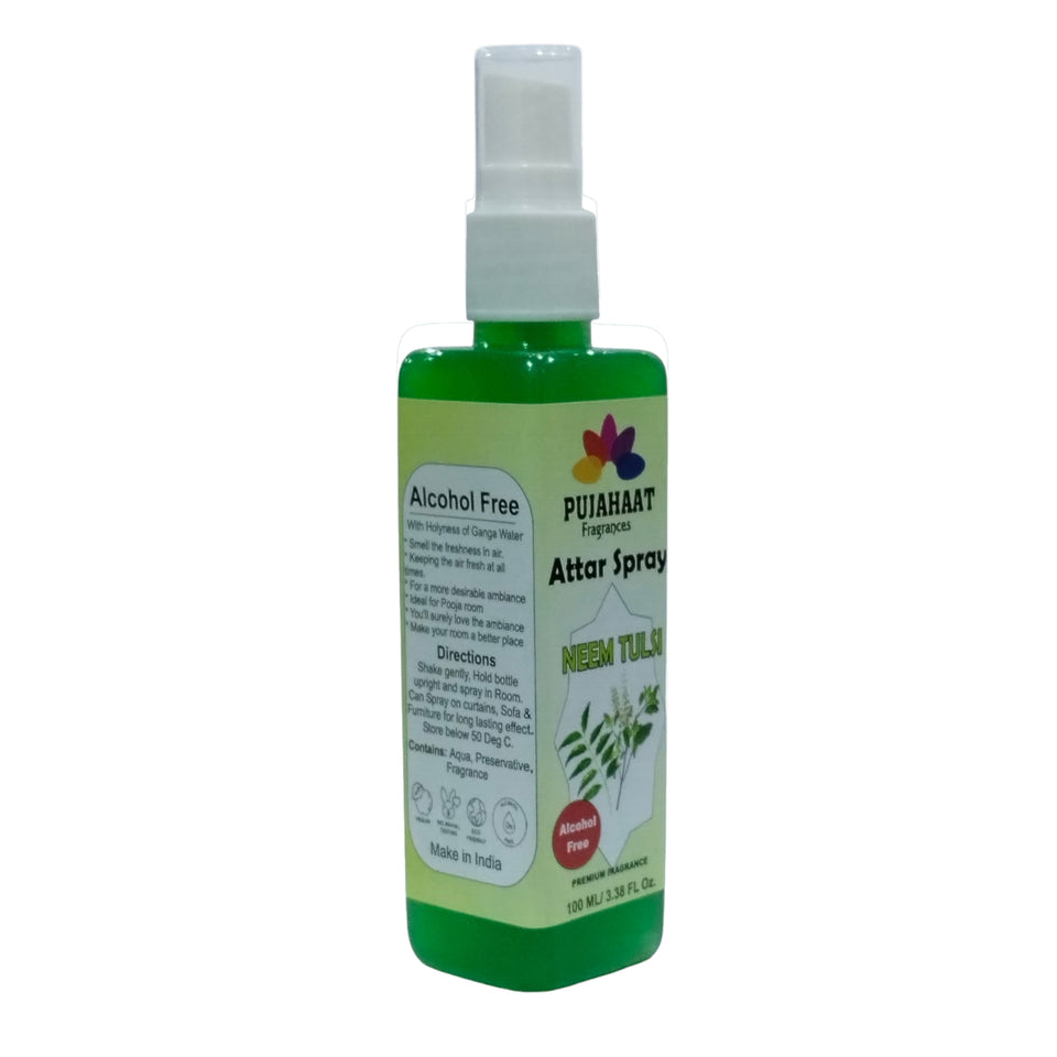 Neem Tulsi Attar Spray by Pujahaat | 100ml Non Alcoholic Spray | Religious Mist | Air Freshener, Room Mist, Fabric & Linen Spray | Perfect for Prayers Rooms, Living Room, sofas, curtains, car