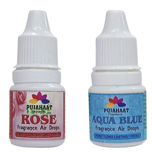 Pujahaat Premium Rose, Aqua Blue Fragrance Air drops Air freshener for room, bathroom, toilet, car, wardrobes -Pack of 2 (2 x 5ml)