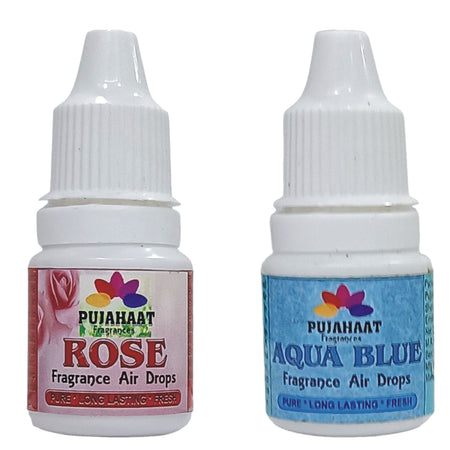 Pujahaat Premium Rose, Aqua Blue Fragrance Air drops Air freshener for room, bathroom, toilet, car, wardrobes -Pack of 2 (2 x 5ml)
