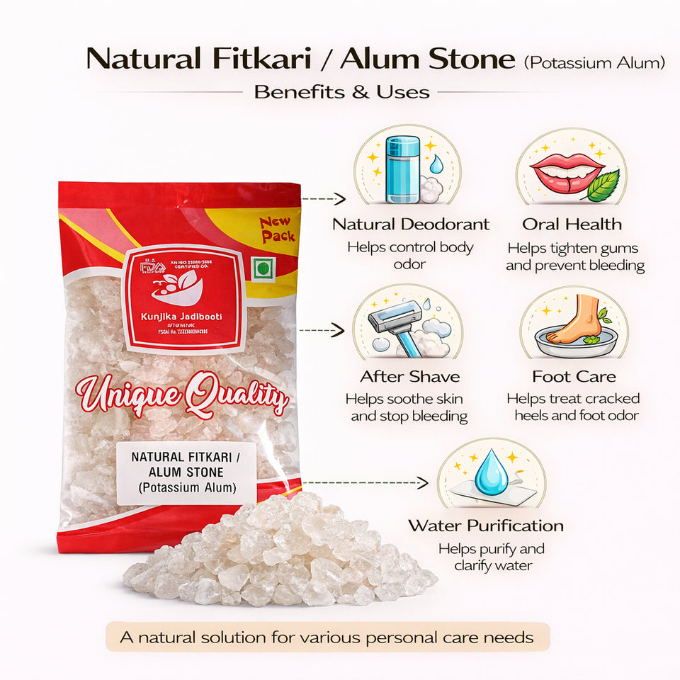 Kunjika Jadibooti White Fitkari Stone | Alum Stone | Phitkari | White Crystal Alum | Fitkari For Skin Tightening And Glowing Skin - 100 gm