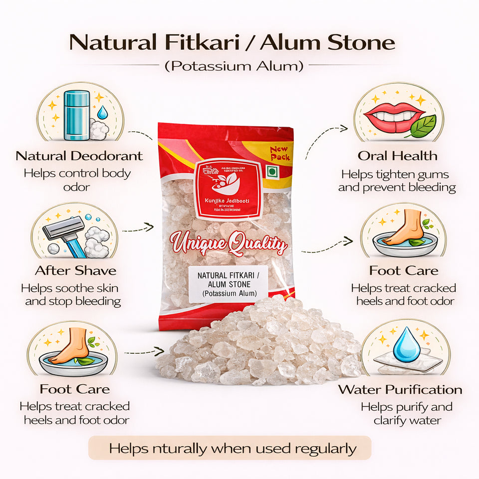 Kunjika Jadibooti White Fitkari Stone | Alum Stone | Phitkari | White Crystal Alum | Fitkari For Skin Tightening And Glowing Skin - 100 gm