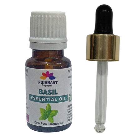Pujahaat Basil (Tulsi) Essential Oil Pure, Natural & Undiluted Therapeutic Grade For Cough, Colds, Clear Breathing, Pain, Mosquito Repellent, Aromatherapy, Relaxation - Vegan & Cruelty free - 15 ml